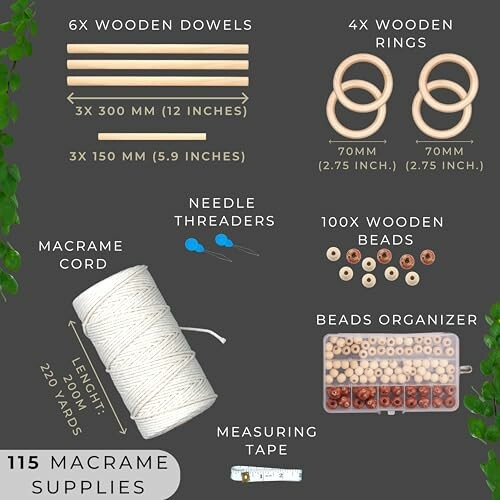 Macrame supplies including dowels, rings, cord, beads, and tools.