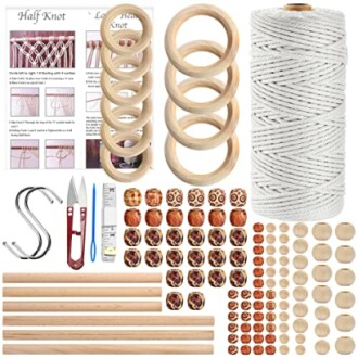 Macrame supplies kit with rings, beads, cord, and tools.