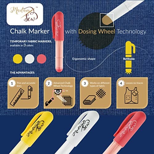 Madam Sew chalk marker with dosing wheel technology and advantages.