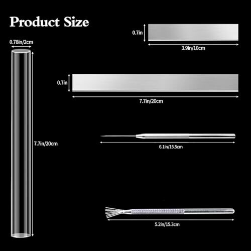 Image showing dimensions of metal rods and tools with measurements in inches and centimeters.