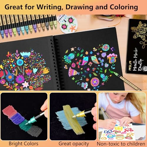 Colorful metallic markers used for drawing and writing on black paper, showcasing bright colors and opacity, safe for children.