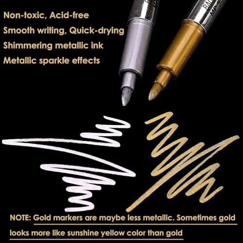 Gold and silver metallic markers with ink examples and descriptions.