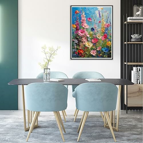 Modern dining room with pastel chairs and floral painting
