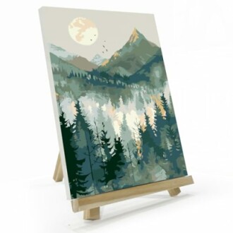 A painting of a mountain landscape on an easel.