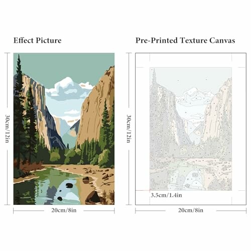 Comparison of finished mountain river painting and pre-printed texture canvas.