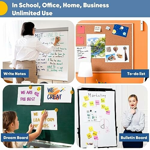 Various boards used for writing notes, to-do lists, dream boards, and bulletin boards in different settings.
