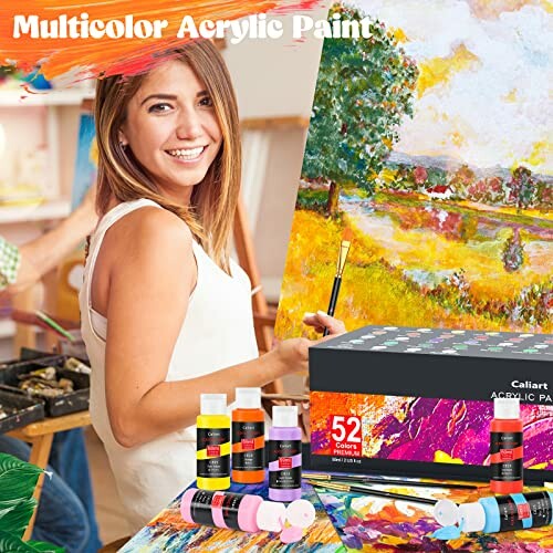 Woman painting with multicolor acrylic paint set