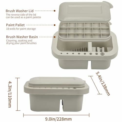 Multifunctional brush washer with lid, paint pallet, and basin.