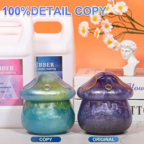 Comparison of two mushroom-shaped molds labeled 'Copy' and 'Original' with rubber mold making containers and flowers in the background.