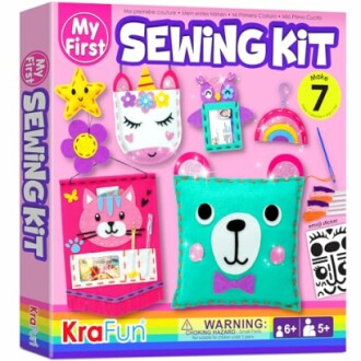 Colorful sewing kit for kids with DIY projects and materials.