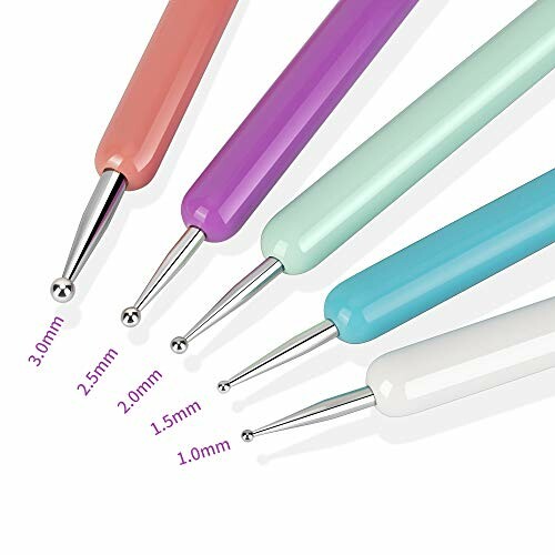 Set of nail art dotting tools in various sizes and colors.