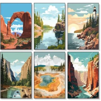 Illustrations of various national park landscapes including arches, lakes, lighthouse, and canyons.