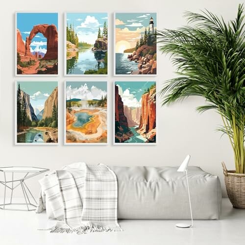 Living room with nature-themed wall art and modern decor.