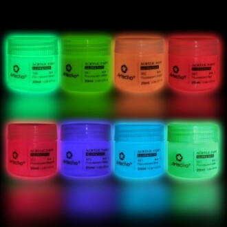 Eight neon acrylic paint jars in bright colors.