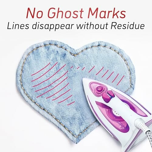 Iron on fabric heart with text 'No Ghost Marks, Lines disappear without Residue'.