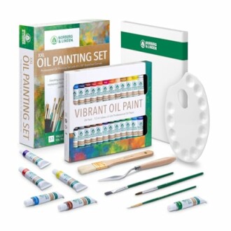 Oil painting set with paints, brushes, palette, and canvas.
