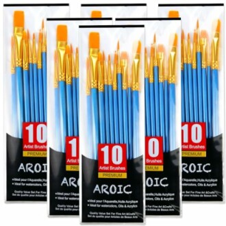 Set of 10 premium artist paint brushes with blue handles.