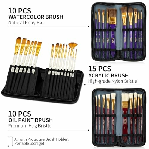 Set of watercolor, acrylic, and oil paint brushes in a protective case.