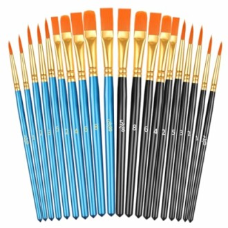 Set of 20 assorted paint brushes with blue and black handles.