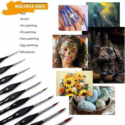 Collage showing multiple uses of paint brushes, including nail art, face painting, and miniatures.