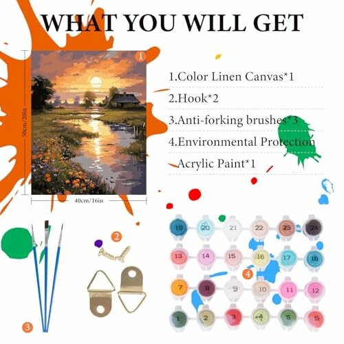 Contents of a paint by numbers kit including canvas, hooks, brushes, and paints.