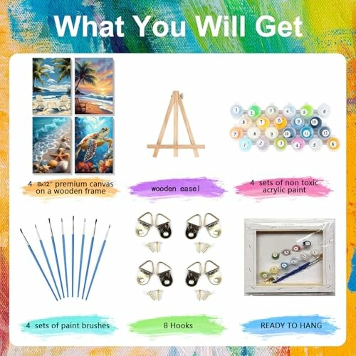 Contents of a paint by numbers set including canvases, easel, paints, brushes, and hooks.