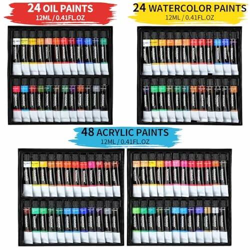Assorted paint set with oil, watercolor, and acrylic paints in tubes.