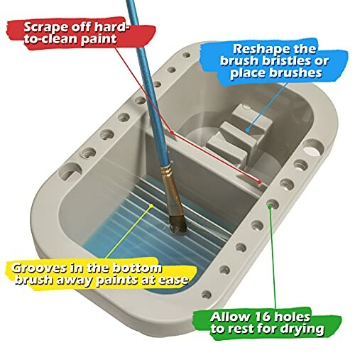 Tool for cleaning and drying paintbrushes with various features.