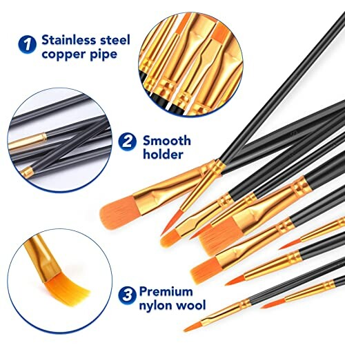 Set of paintbrushes with stainless steel copper pipe, smooth holder, and premium nylon wool.