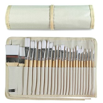 Set of paintbrushes with canvas roll case.