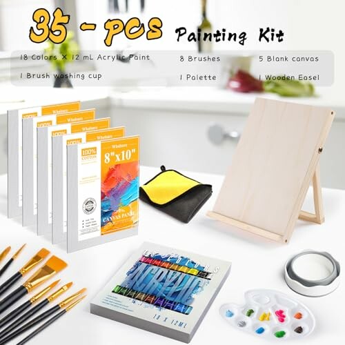 35-piece painting kit with brushes, canvases, paints, and easel.