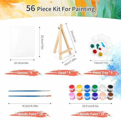 56 piece painting kit with canvas, easel, paint tray, brushes, and acrylic paints.