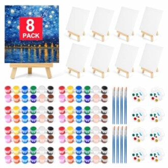 Painting kit with canvases, easels, paints, and brushes.