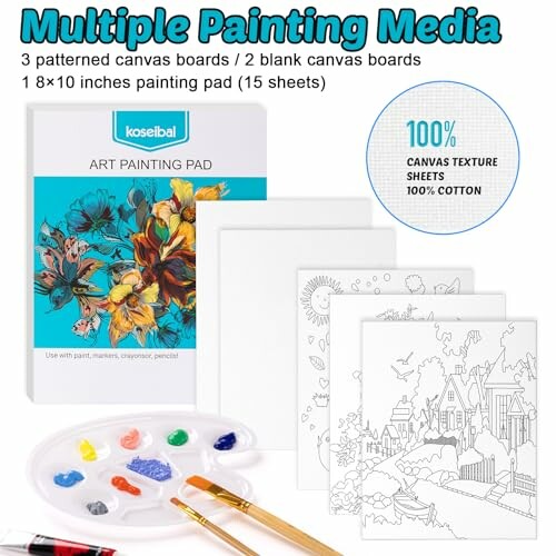 Art painting pad with canvas boards and paint palette.