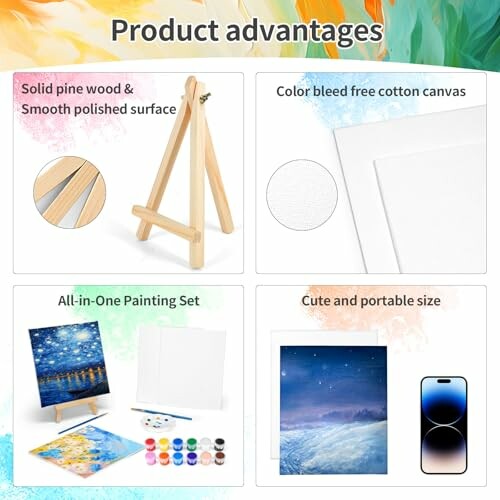 Product advantages of painting set including easel, cotton canvas, painting set, and portable size.