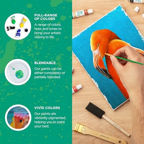 Hand painting a vibrant orange bird with art supplies on the side.