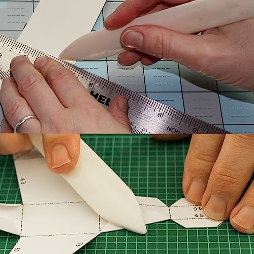 Hands using tools for precise paper crafting.
