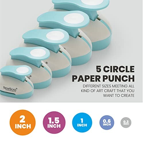 Five circle paper punches in different sizes from 2 inch to 0.3 inch.