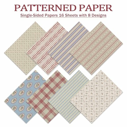 Assorted patterned paper sheets with various designs.