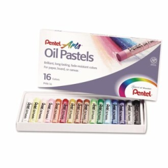 Brilliant colors of Pentel oil pastels set in a box.