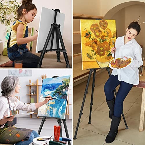 Three people painting on easels in different settings.