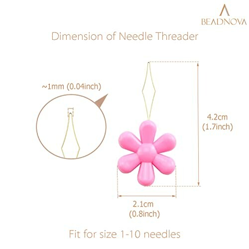 Pink flower-shaped needle threader with dimensions.