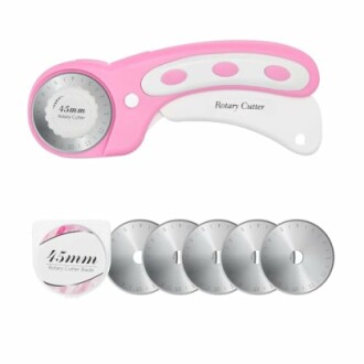 Pink rotary cutter with five replacement blades.
