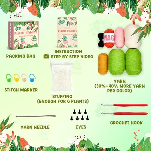 Contents of a plant family crochet kit with yarn, needle, hook, stuffing, and instructions.