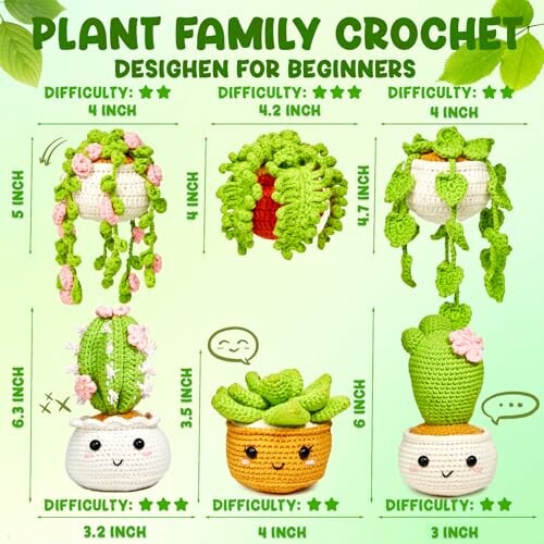 Crochet patterns of cute plant family for beginners with difficulty ratings.