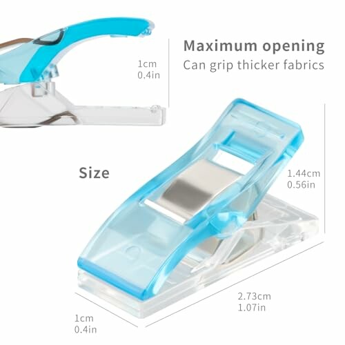 Plastic clip with measurements for gripping thicker fabrics.