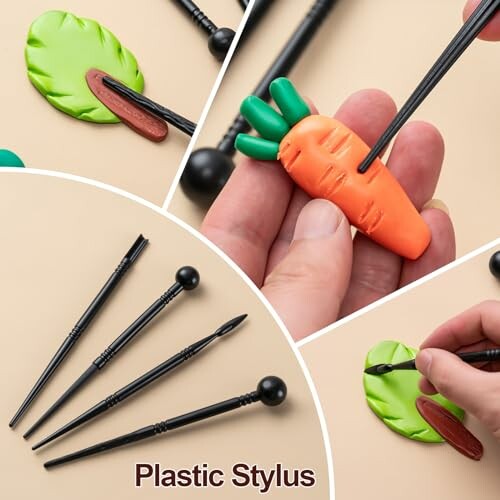 Plastic stylus tools used for crafting, featuring a carrot and leaf design.