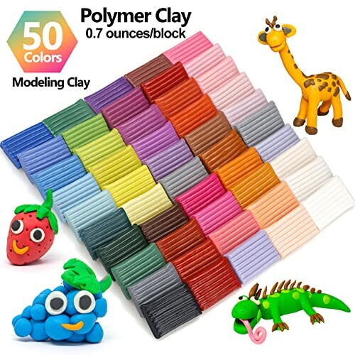 Set of 50 colorful polymer clay blocks with animal figures.