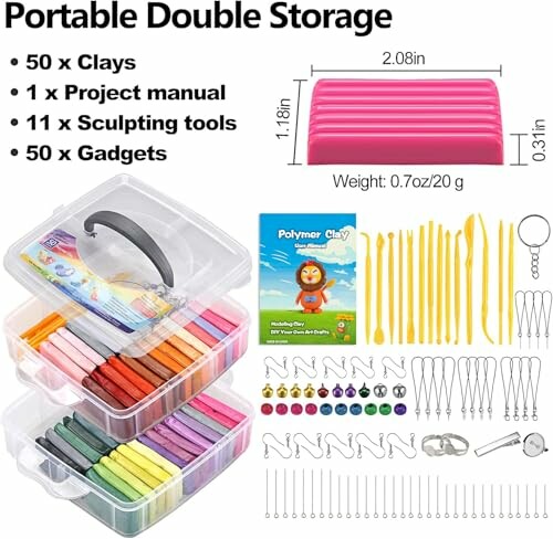 Portable double storage polymer clay kit with clays, manual, sculpting tools, and gadgets.