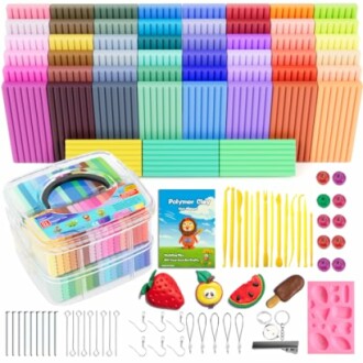 Colorful polymer clay set with tools and accessories.
